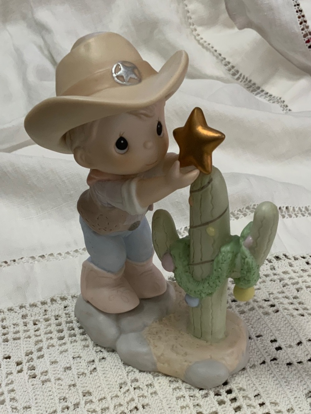 Precious Moments Cowboy Figurine in Pastel Beige, Blue & Green with Gold Star